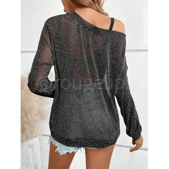 Black Lurex Sheer Black Long Sleeve Asymmetrical Neck - Picture 4 of 9